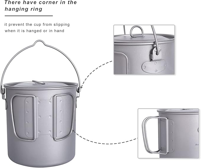 iBasingo 1250ml Titanium Hanging Mug with Lid Tea Coffee Water Cup Outdoor Camping Pot Ultra-light Portable Hiking Backpacking Cooking Kit Picnic Tableware Drinkware with Foldable Handle Ti3042D