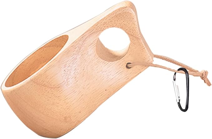 Wood Cup for Kuksa, Camping Mugs Essential Equipment for Bushcraft Gear Also Camping Essentials Wooden Cup Made by Traditional Hand Carving and Equipped with Hanging Rope and aHandle(Beige)