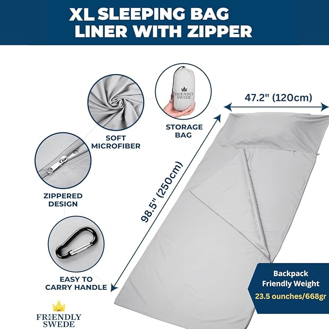 The Friendly Swede Sleeping Bag Liner — Ultralight Polyester or Cold Weather Microfiber Adult Sleep Sack; Thin Travel Sheets for Hotel; Camping Sheets; Travel Sleeping Bag with Pocket-Size Stuff Sack