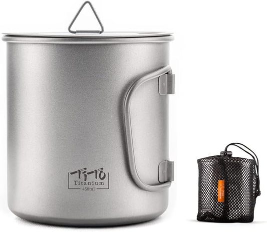 TiTo Titanium Cup Titanium Pot with Lid Ultralight Portable 450ml Foldable Handle Camping Tea Coffee Water Mug for Outdoor Backpacking Hiking Picnic Drinkware with Mesh Sack (Titanium)
