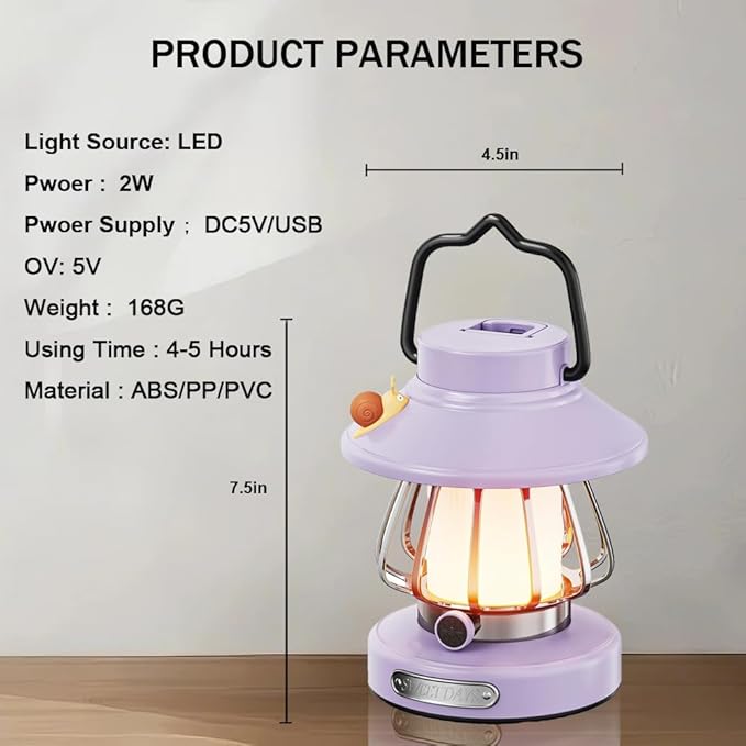 Camping Lantern For Kid Toddler Flashlight With Soft Light & Eye Protection Indoor Outdoor Hanging Tent Portable Night Light Battery Operated Sky Lanterns Rechargeable Lamp Gear Essentials Gift Purple