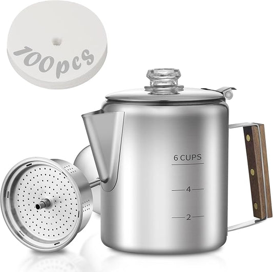 Coffee Percolator with 100pcs Coffee Filters - 6 Cups | Durable Stainless Steel Material Camping Coffee Pot| Brew Coffee On Fire, Grill or Stovetop | Ideal for Home, Camping