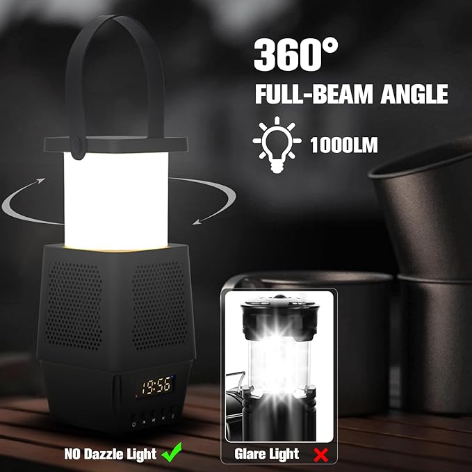 3 in 1 Cordless Camping Lamp,3CCT 7 Dimmable Rechargable Small Lantern with Wireless Bluetooth Speaker,Battery Operated Portable Alarm Clock Lamp