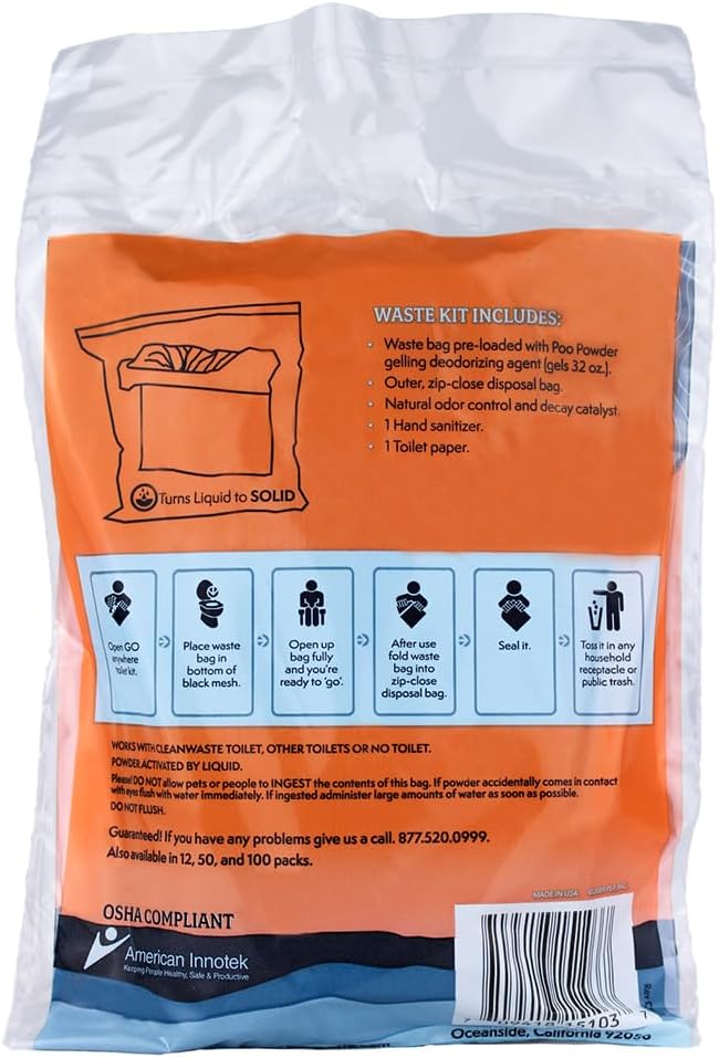 Cleanwaste Original WAG Bag Portable Toilet (12 Pack) - Go Anywhere Kit For Camping, Boating, Travel - NASA Gelling Powder for Poop/Pee