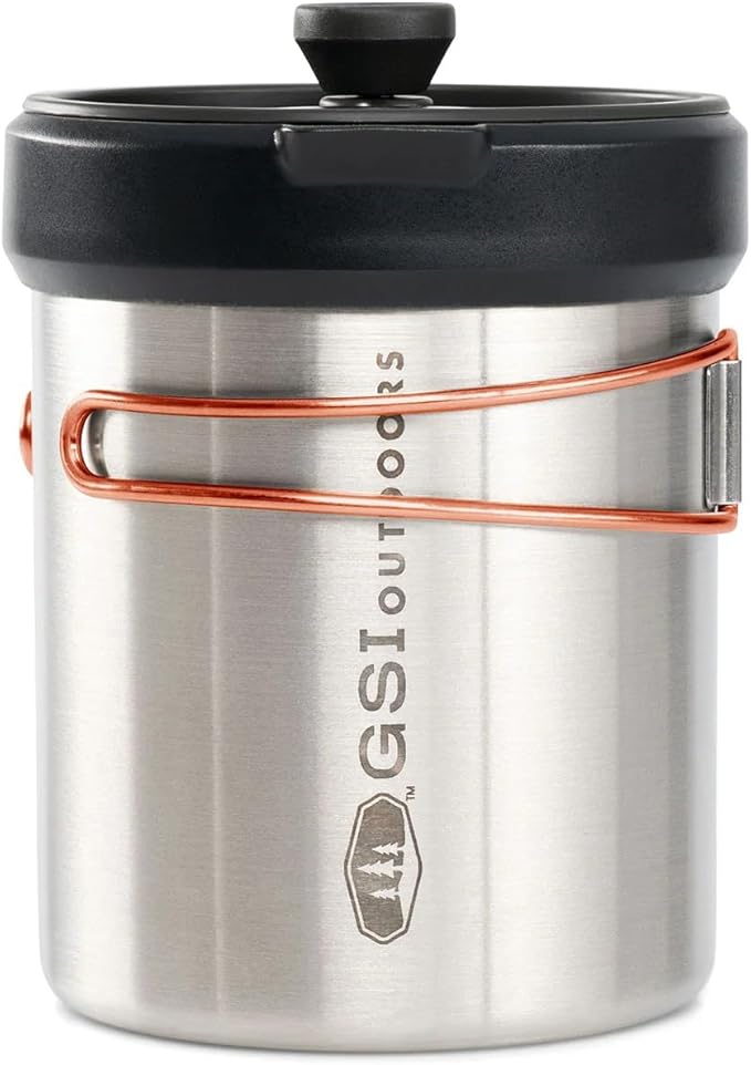 GSI Outdoors Glacier Personal Javapress Stainless Steel Press Mug with Folding Handles and Pour-Through Lid – Brews 22 fl. oz.