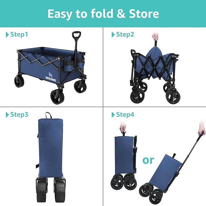 Folding Wagon Cart with Wheels Foldable - Collapsible Wagons Carts Heavy Duty, Fold Up Portable Utility Wagon for Grocery Beach Sports Fishing Camping Shopping Navy