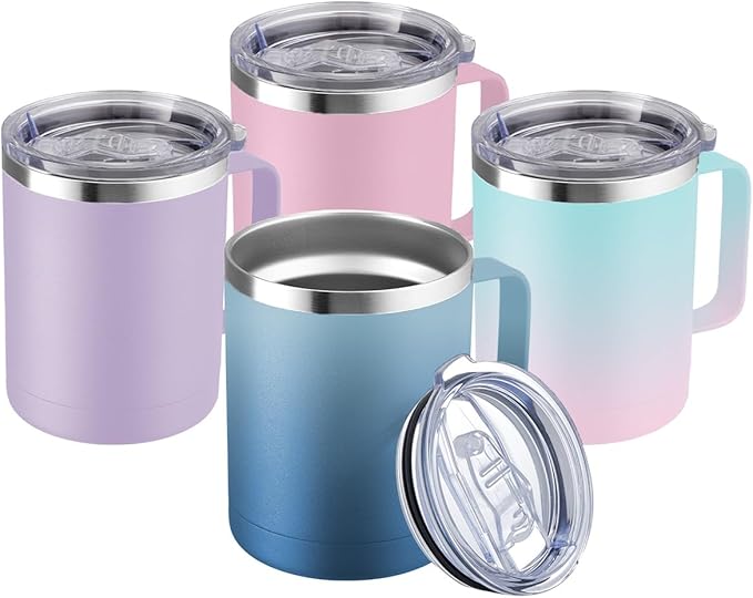 MEWAY 12oz Coffee Mug With Handle 2 Pack Bulk,Stainless Steel Insulated Travel Tumblers With Sliding Lid,Double Wall Vacuum Camping Cup for Hot & Cold Drinks Tea (Bubble Gum&Blue Waves,Set of 4)