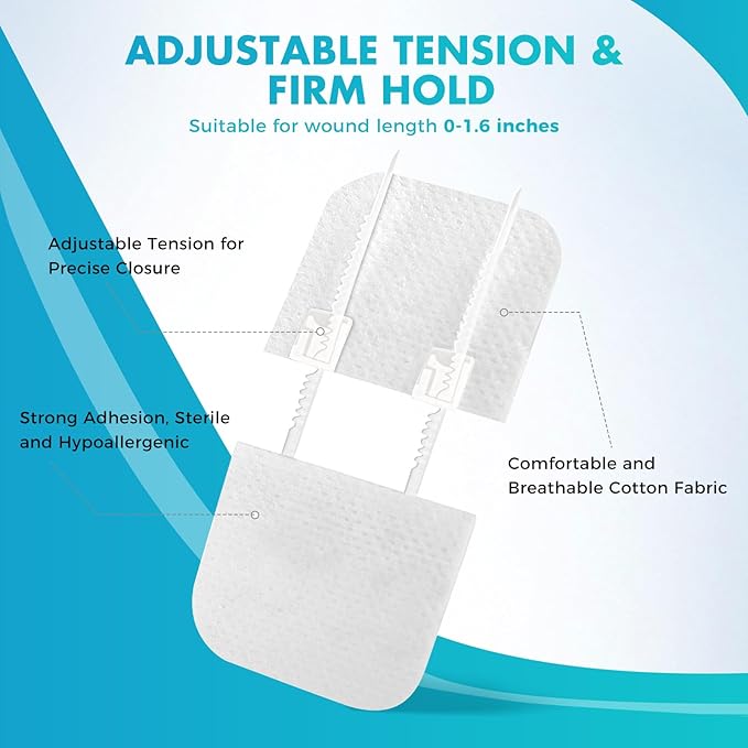 Zip Stitch Wound Closure Strips | 2-Pack Stitchless Butterfly Bandages | Adjustable Tension for Painless Laceration Repair, Post-Surgery Care & Emergency First Aid