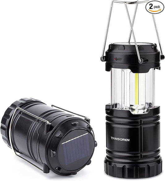 Solar USB Rechargeable COB LED 3 AA Power Camping Lantern with Magnetic Base, Charging for Android, Waterproof Collapsible Emergency LED Light(2 Pack)