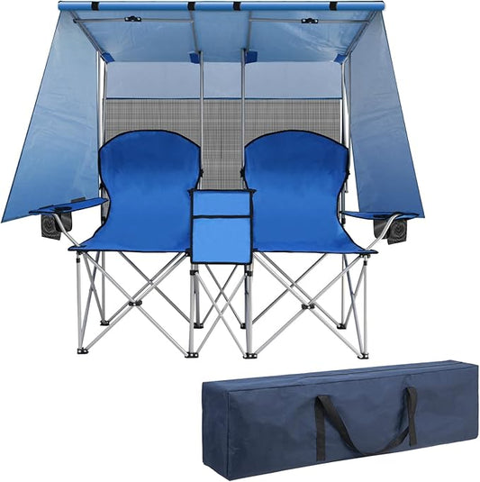 ptlsy Double Camping Chair with Canopy, Folding Two-Person Seat, Portable Outdoor Loveseat with Shade, Folding Chairs for Beach, Lawn, and Outdoor Activities (Blue)