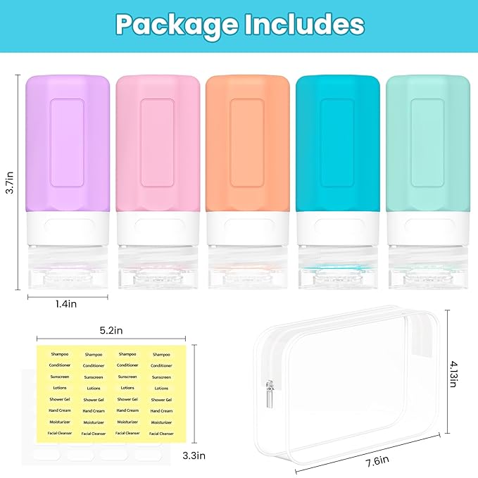 2 oz Travel Bottles, Small Size Containers, TSA Approved Silicone Travel Toiletries Bottles, Shampoo and Conditioner Kit for Women (Cream)