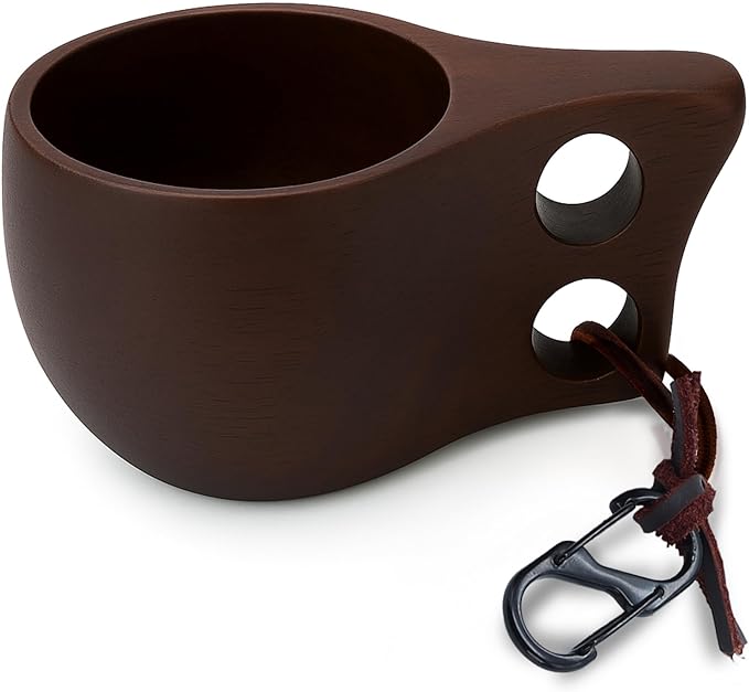 Handcrafted Dark Brown Kuksa Wooden Cup - Sturdy Nordic Mug w/Leather Lanyard, Carabiner for Easy Carry - Light-Weight & Easy Grip Kuksa Wooden Cups for Drinking Coffee, Tea - Unique Coffee Gifts