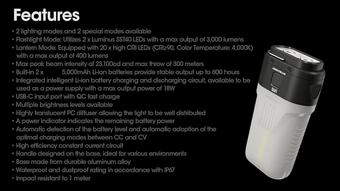 EdisonBright Nitecore LR70 3000 Lumen Flashlight/Camping Lantern/powerbank Combo Unit Charging Adapter