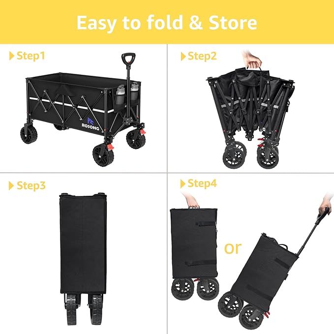 Folding Wagon Cart with Wheels Foldable - Collapsible Wagons Carts Heavy Duty, Fold Up Portable Utility Wagon for Grocery Beach Sports Fishing Camping Shopping Black