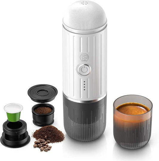 Portable Electric Espresso Coffee Maker, Fast self-heating 2 IN 1 Extraction System Espresso Machine, Support Ground Coffee and NS capsule, for Travel,Car,Hiking,Climbing,Rich Crema(White)
