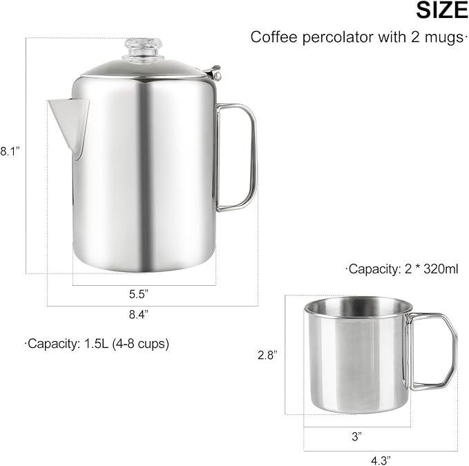 Coffee Percolator Bundle with 2 Mugs Stainless Steel Coffee Maker with Heat Resistant Tough Glass Knob & Foldable Handle Using on any Stovetop Outdoor Camping NO Aluminum NO Plastic (8 Cup)
