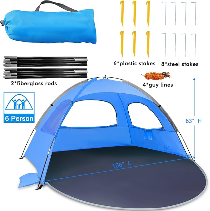 NXONE Beach Tent Sun Shade Shelter for 6 Person with UV Protection, Extended Floor, 3 Mesh Roll Up Windows & 8.5mm Fiberglass Rods丨Carry Bag Included (Sky Blue)