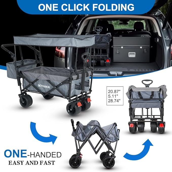 Collapsible Wagon with Removable Canopy, 3-in-1 Heavy Duty Garden Cart with Big All-Terrain Wheels, Brakes, Adjustable Push Pull Handle, Cooler Bag, 300LBS Wagon Cart for Camping (Grey)
