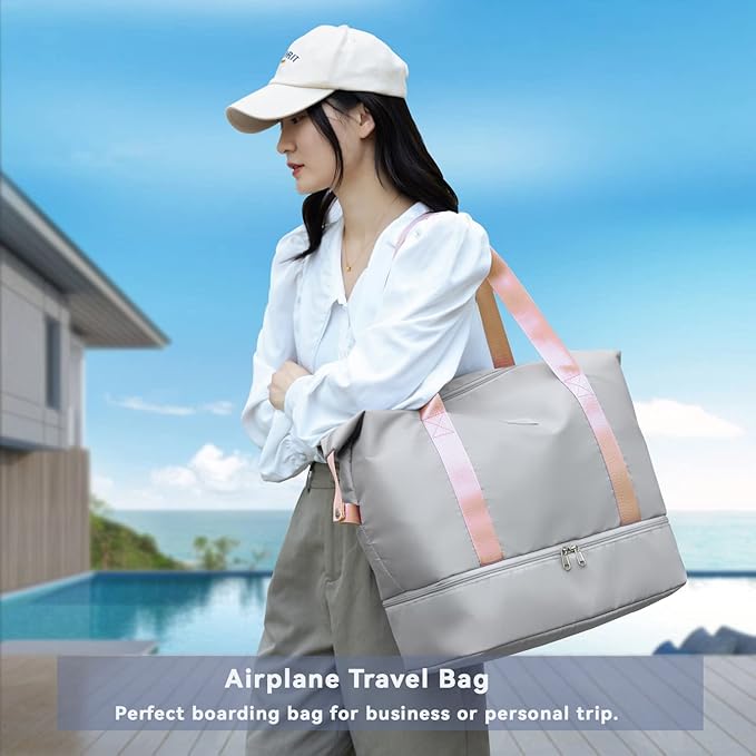 Large Travel Duffel Bag with Shoe Compartment, Gym Tote Carry on Bags for women, Lightweight Duffel Bags with Trolley Sleeve fit for Travel and Sport(Grey)