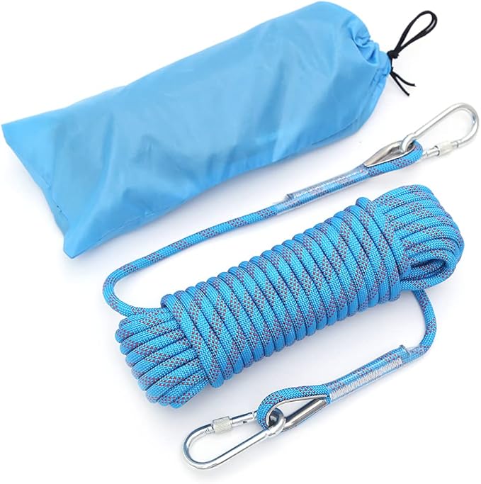 10mm/12mm Climbing Rope, Outdoor Static Rock Climbing Rope, Tree Climbing Rappelling Rope, Escape Nylon Rope, Ice Climbing Equipment Fire Rescue Parachute Rope with 2 Steel Hooks