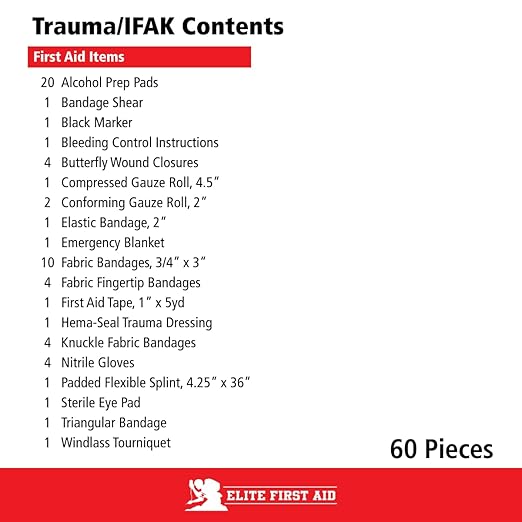 Elite First Aid 60-Piece Emergency Trauma Kit/IFAK Kit, MOLLE-Compatible Tactical First Aid Kit with Tourniquet for Car, Home, Camping, and More (91629)