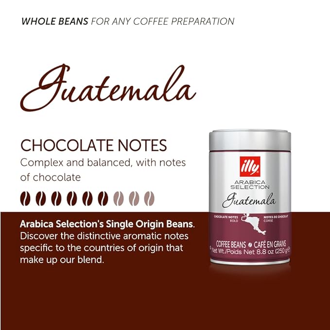 illy Whole Bean Coffee - Perfectly Roasted – Guatemala Dark Roast - with Notes of Chocolate – Complex & Balanced - 100% Arabica Beans - No Preservatives – 8.8 Ounce