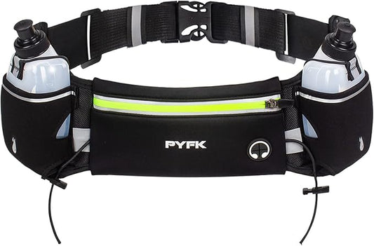 PYFK Upgraded Running Belt with Water Bottles, Hydration Belt for Men and Women, Water Bottle Holder Running Pouch Belt, Fanny Pack Fits 7 inches Phones, Waist pack for Running Hiking Climbing