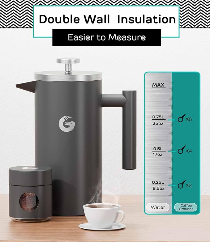 Coffee Gator French Press Coffee Maker - 34oz Double Insulated Stainless Steel Brewer plus Travel Jar Canister, Portable Hot Cold Brew Teapot Cafetera for Coffee Bar Accessories Kitchen Camping, Gray