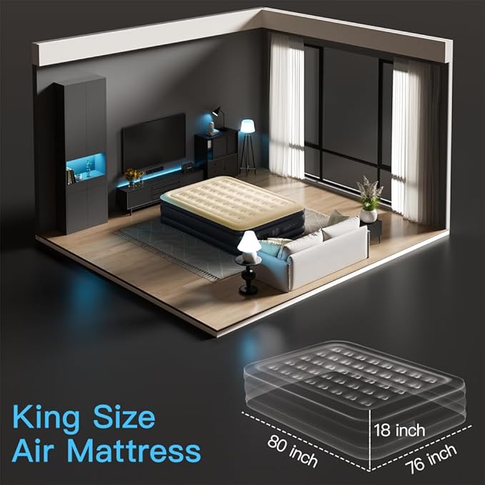 King Size Air Mattress with Built in Pump - Upgraded Blow Up Bed, 2 Mins Quick Self Inflatable/Deflation, 18"/750lbs Max, Strong Support,No Leakage,No Odor,for Home,Guests,Camping,Travel