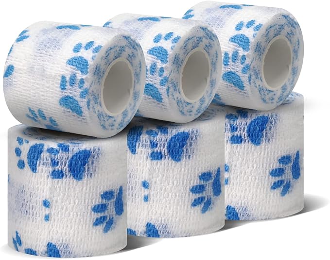 Risen Self Adhesive Bandage Wrap 6 Pack,2”x 5 Yards Medical Tape for Christmas Gifts,Gauze Rolls First Aid Vet Wrap Adherent Bandages for Sports,Dogs Pet (White Paw)