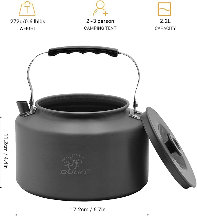 Bulin 1.6L/2.2L Camping Kettle Aluminum Alloy Open Campfire Coffee Tea Pot Fast Heating Outdoor Gear for Boiling Water Ultralight Portable Hiking Picnic Travel