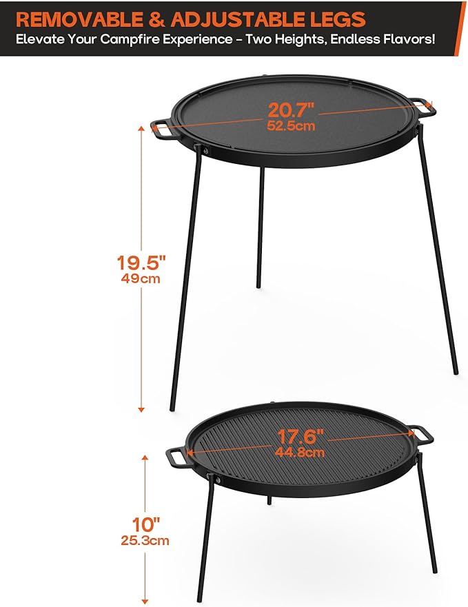 Onlyfire 18" Campfire Grill Griddle, Double Sided Reversible Portable Campfire Grill, Cast Iron Camping Griddle with Handles, 3 Removable & Height Adjustable Legs, Perfect for Grills and Outdoor BBQ