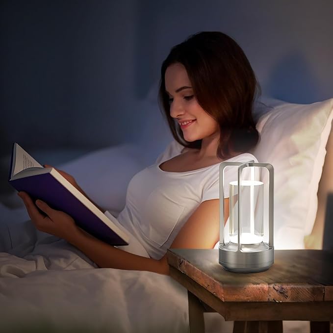 Portable Table Lamp for Outdoor Indoor: Cordless Rechargeable Desk Lamp with 3 Color Stepless Dimmable - Metal Battery Operated Small Lantern Light for Restaurant/Bedroom/Bar/Coffee Shop/Camping