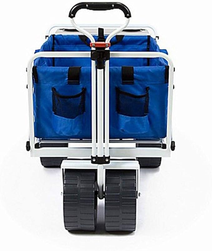 MacSports All Terrain Beach Wagon with Side Table|Heavy Duty Collapsible Folding Cart with Large Wheels for Beach Day, Picnic, Camping, Outdoor Activities | Blue/White