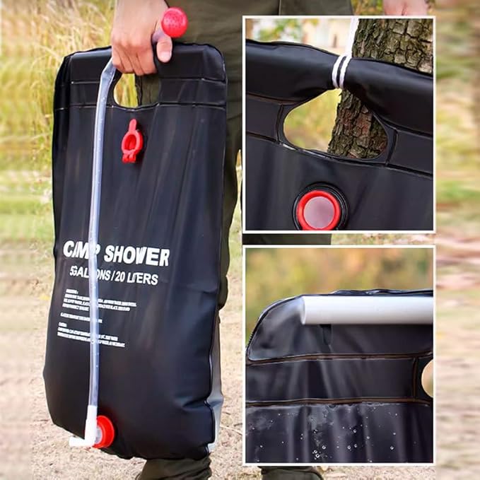 Solar Portable Shower Bag, 5 Gallons/20L Camping Shower Bag, Portable Shower Bag with Removable Hose and On-Off Switchable Shower Head for Camping, Hiking, Travel, Beach Swimming