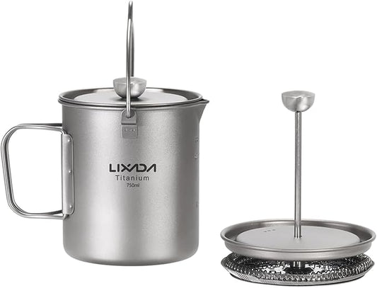 Lixada Titanium Cup Camping Coffee Mug 750ml Outdoor French Press Pot, Camp Cooking Pot, Coffee Maker with Lid, Multi-Functional Travel Mug for Outdoor Camping, Hiking, Picnic, Backpacking