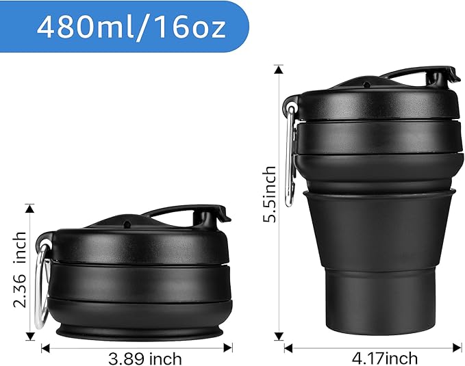 2PACK Collapsible Coffee Cup, 16 OZ 480ml Silicone Folding Camping Mug, Leak Proof BPA Free Portable Sport Bottle with Lids for hiking, Microwave & Dishwasher Safe (Black)