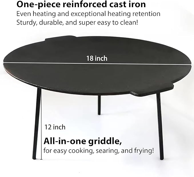 18" Cast Iron Griddle, Round Iron Pan, Portable Campfire Grill with 3 Removable Legs for Outdoor BBQ Cooking, Grilling and Frying Outdoor Camping