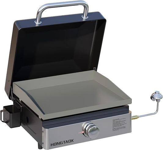 18 Inch Portable Propane Gas Grill with Lid & Stainless Steel Front Plate, Propane Table Top Griddle for Outdoor, Cooking, BBQ, Camping