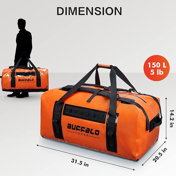 Buffalo Gear Large Waterproof Bag-150L Super Waterproof Duffel Bag Heavy Duty Adventure Bag for Boating Kayaking Motorcycling Hunting Camping Rafting Fishing Jet Ski