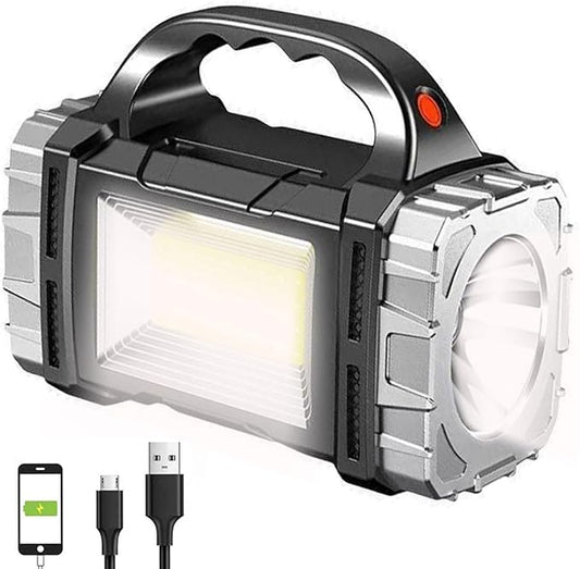 Solar Rechargeable LED Soptlight Flashlight, Super Bright 7000LM Handheld LED Searchlight, Multifunctional Camping Lantern Light, 8 Light Modes, Waterproof IPX4, Power Bank, for Emergency, Home