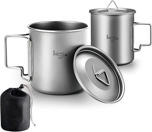 Titanium Pot with Lid, Lightweight Camping Pot with Foldable Handles, Portable Titanium Cooking Pot, Backpacking Pot Titanium Cookware with Carry Bag