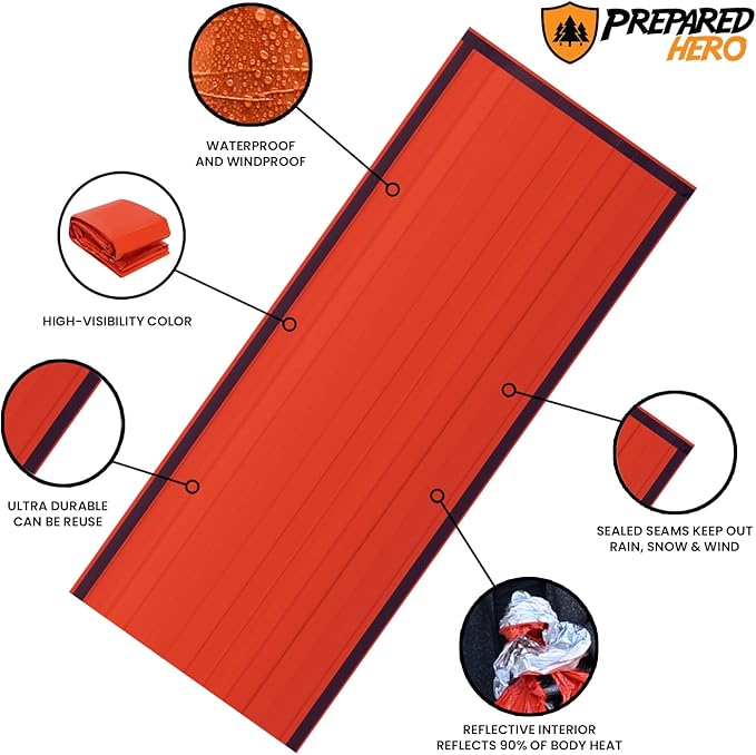Prepared Hero Survival Bag - Emergency Sleeping Bag, Thermal Bivy Sack for Camping, Hiking, Outdoor. Lightweight, Portable, Survival Shelter.