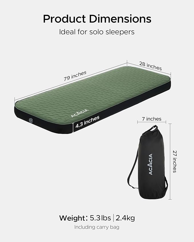 ACACIA 4.3" Thick Self Inflating Sleeping Pad with Foam | Innovative Y-Shaped Telescopic Structure | Ultraportable Camping Mattress | Outdoor Compact Air Mat for Tent Car |