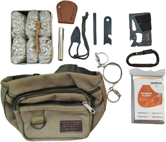 Fire Starter 6 Bag Magnesium Survival Gear First Aid Kit and Emergency Blanket Multi Purpose Tool Saw Ferro Rod Strike Wax Rope for Camping Hiking Hunting Earthquake, Outdoor Adventure, Gifts