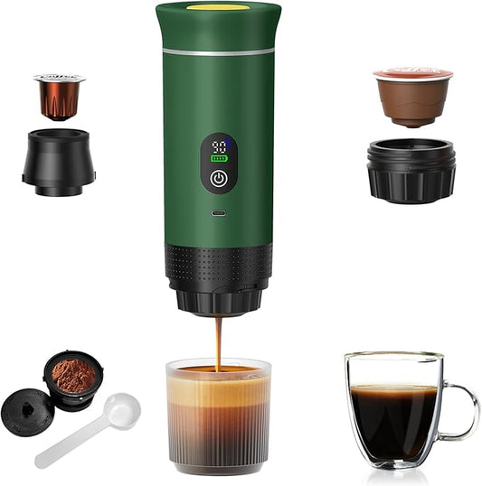 Portable Coffee Maker for Travel & Camping, Portable Espresso Maker for Travel, Rechargeable Cordless Battery Operated Coffee Makers for Ground Coffee, NS Capsule RV, Hiking, Office(Green)