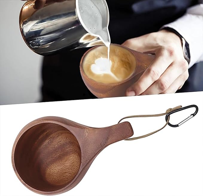 Camping Mug for Kuksa, Wooden Cup Camping Essentials Wood Cup Also Essential Equipment for Bushcraft Gear Made by Traditional Hand Carving and Equipped with Hanging Rope and aHandle(Light Brown)