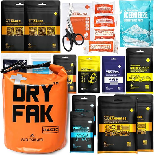 EVERLIT 290 Pc Waterproof First Aid Kit Dry FAK Medical Kit Emergency Survival Kit for Boat, Backpacking, Hiking, Fishing, Travel, Kayaking (Orange)