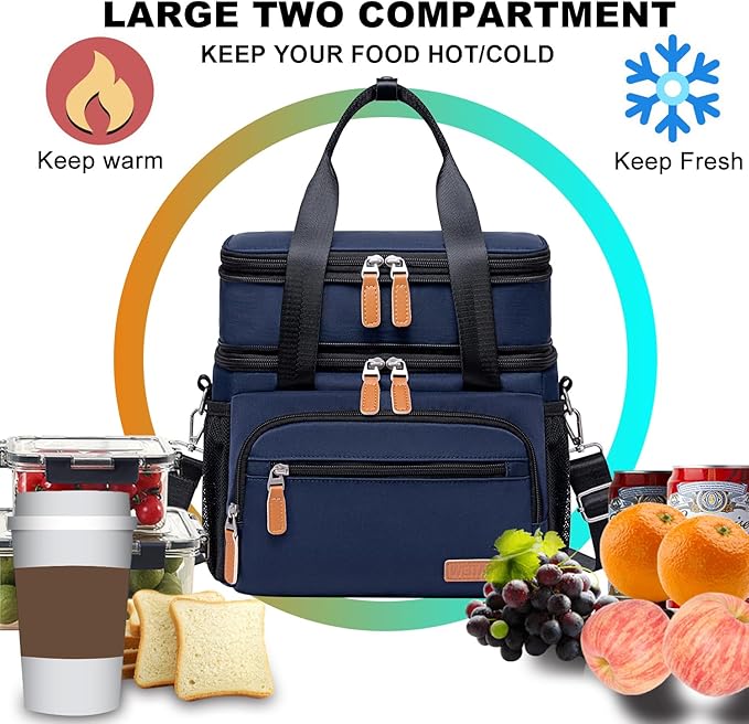 Weitars Insulated Lunch Box for Women Men-Dual Compartment Waterproof Reusable Large Lunch Bag Wide-Open Tote Cooler Bag for Working Picnic Hiking (15L) (Blue)