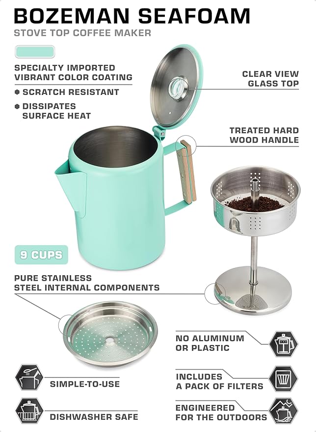 COLETTI Bozeman Camping Coffee Pot — Camping Coffee Makers, Coffee Percolator – America's Sleekest Percolator – NO Aluminum or Plastic (Seafoam)